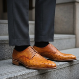 Handmade Men's Tan Derby Ostrich Leather Shoes